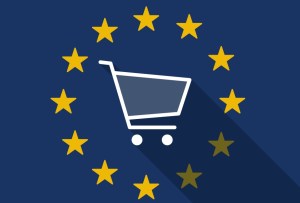 Illustration of an European Union long shadow flag with a shopping cart
