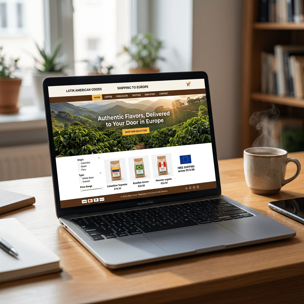 Website showing Latin American coffee options with pricing and free EU shipping