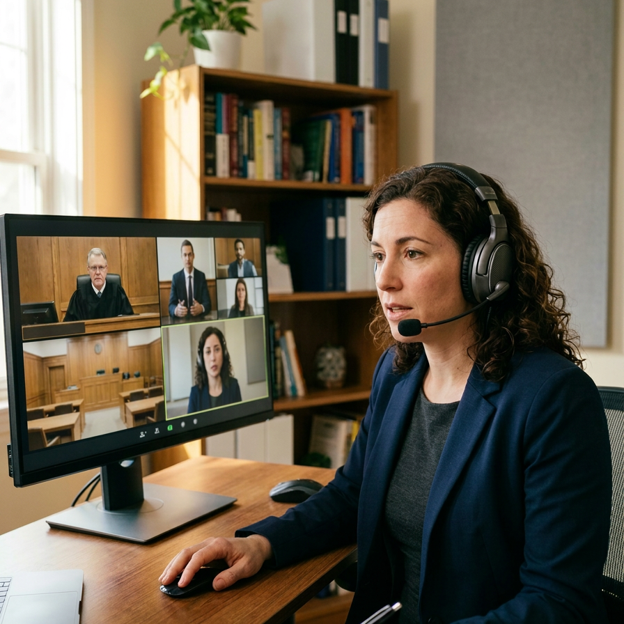 Woman wearing headset engaged in virtual court meeting with judge and attorneys on screen