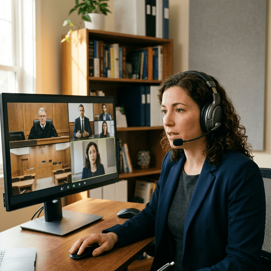 Woman wearing headset engaged in virtual court meeting with judge and attorneys on screen
